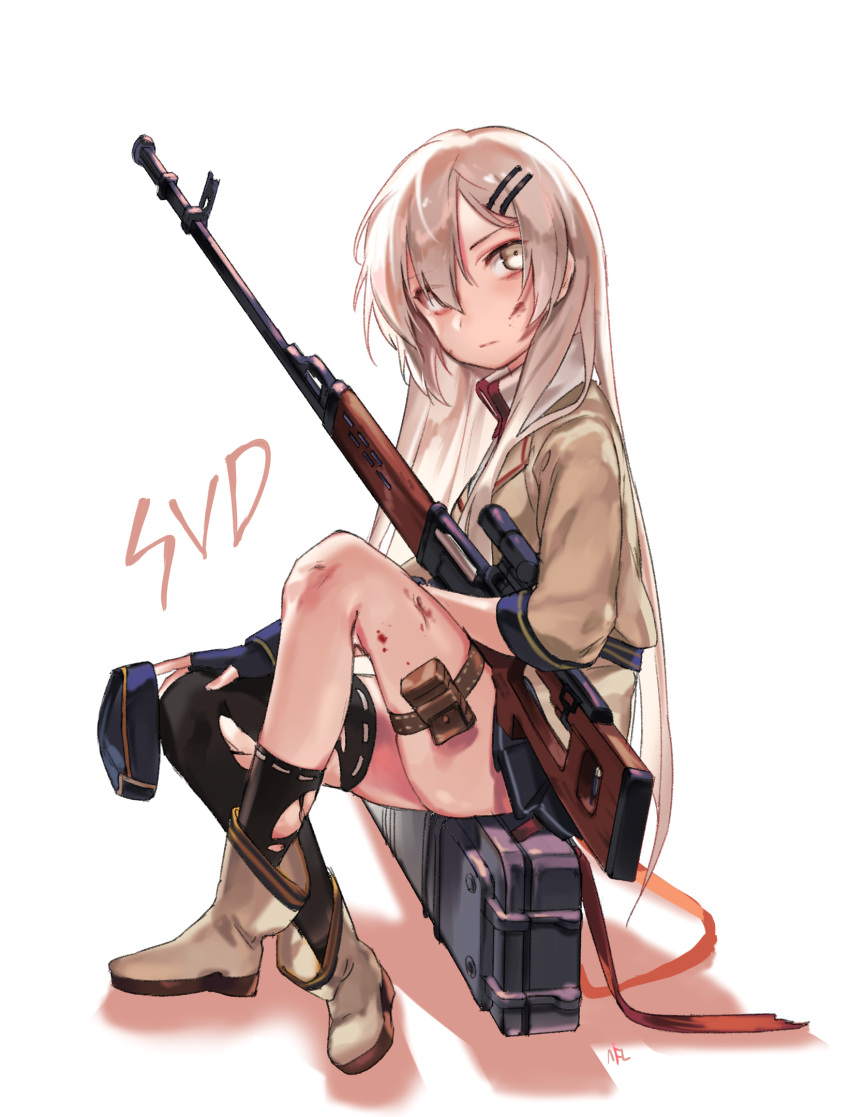 1girl bangs blush boots character_name closed_mouth dragunov_svd eyebrows_visible_through_hair from_side full_body girls_frontline grey_eyes grey_eyes gun gun_case hair_between_eyes hair_ornament hairclip highres holster kneehighs long_hair looking_at_viewer rifle shan shaodw silver_hair simple_background single_kneehigh single_thighhigh sleeves_past_elbows sniper_rifle solo svd_(girls_frontline) thigh-highs thigh_holster thigh_strap torn_clothes torn_legwear torn_thighhighs very_long_hair weapon white_background