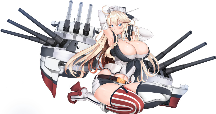 1girl absurdres adjusting_hair american_flag_legwear armpits arms_up blonde_hair blue_eyes breasts chiyo_goya cleavage collarbone commentary detached_sleeves garter_straps headgear high_heels highres huge_breasts iowa_(kantai_collection) kantai_collection long_hair looking_at_viewer machinery mismatched_legwear navel simple_background sitting smile solo turret wariza white_background