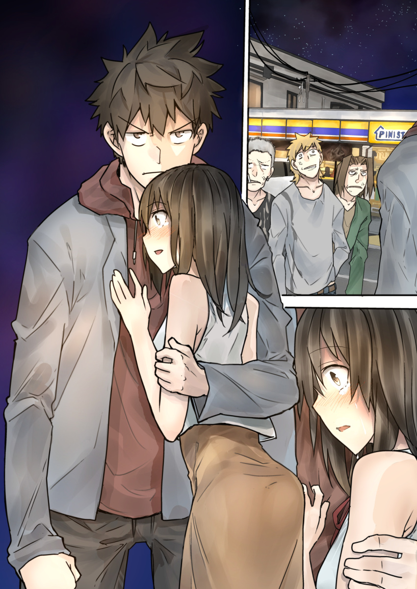 1girl 4boys anger_vein angry araido_kagiri bare_arms bare_shoulders blonde_hair blush brown_eyes brown_hair brown_skirt building closed_mouth comic frown grey_hair highres hood hoodie hug jacket long_hair multiple_boys night night_sky original outdoors parted_lips power_lines sanpaku shirt silent_comic skirt sky sleeveless sleeveless_shirt standing star_(sky) starry_sky tears wide-eyed