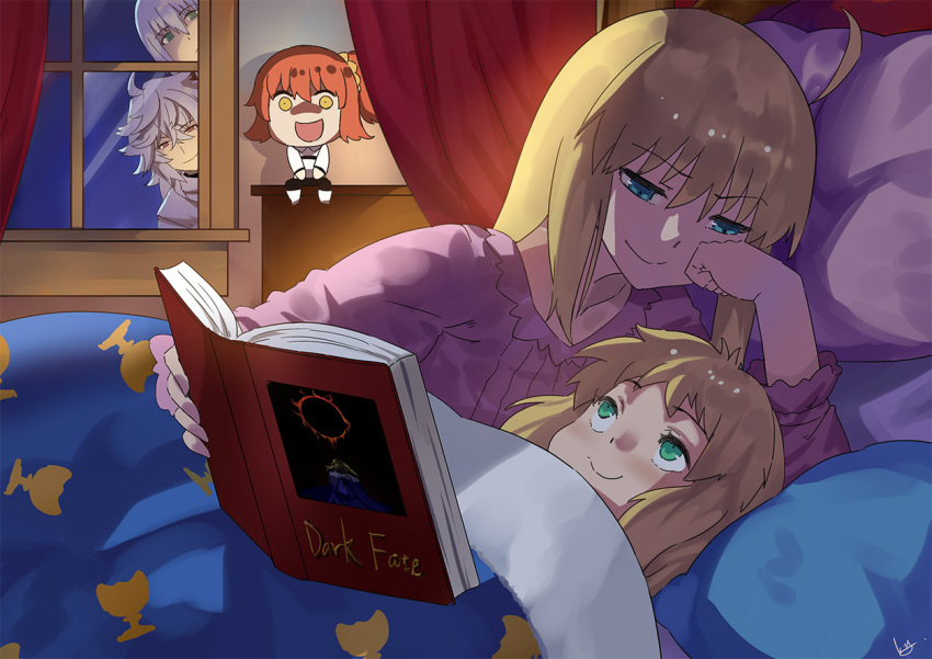2boys 2girls ahoge artoria_pendragon_(all) bedivere blonde_hair book character_doll character_request child closed_mouth eyebrows_visible_through_hair fate/grand_order fate_(series) fujimaru_ritsuka_(female) green_eyes holding holding_book indoors long_hair looking_at_another merlin_(fate/stay_night) multiple_boys multiple_girls nanaya_(daaijianglin) night open_book peeking_out pillow red_eyes riyo_(lyomsnpmp)_(style) saber saber_of_red signature silver_hair sleeping smile under_covers younger