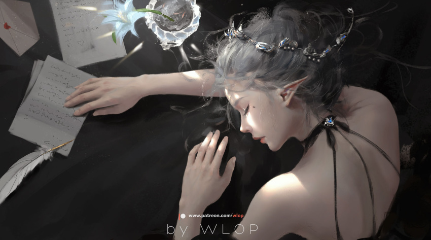 1girl bare_shoulders choker circlet closed_eyes flower from_above ghostblade glass grey_hair highres letter long_hair mole mole_under_eye paper parted_lips patreon_logo patreon_username pointy_ears profile quill sitting sleeping solo wlop