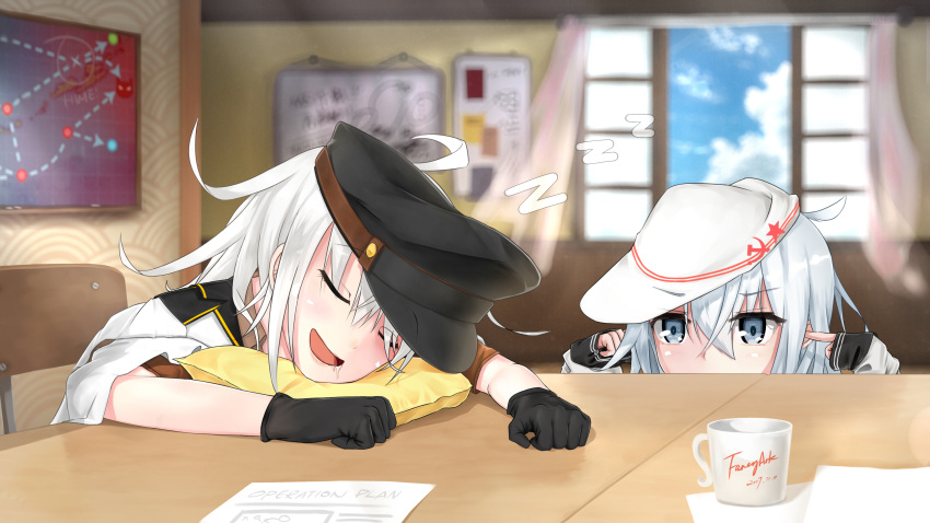 2girls absurdres bag black_gloves blue_eyes blue_sky chair closed_eyes cup dress fancyark flat_cap gangut_(kantai_collection) gloves hat hibiki_(kantai_collection) highres kantai_collection long_hair map military military_hat military_jacket military_uniform multiple_girls naval_uniform open_mouth open_window paper peaked_cap sailor_dress sailor_hat school_uniform silver_hair sky sleeping smile table uniform verniy_(kantai_collection) white_hair window zzz