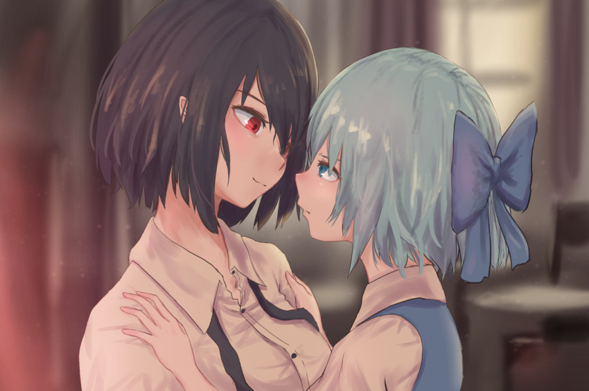 2girls black_hair black_neckwear blue_bow blue_eyes blue_hair blurry blurry_foreground blush bow cirno closed_mouth collared_shirt depth_of_field dress_shirt eye_contact from_side hair_bow hands_on_another's_shoulders head_tilt indoors looking_at_another multiple_girls pointy_ears profile red_eyes roke_(taikodon) shameimaru_aya shiny shiny_hair shirt short_hair smile touhou undone_necktie upper_body white_shirt window wing_collar yuri