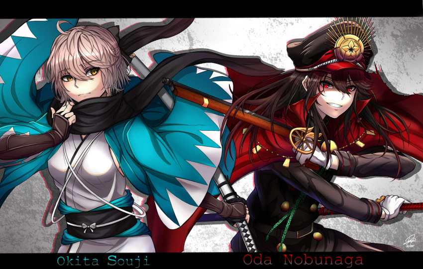 2girls ahoge black_bow black_hat black_pants black_scarf bow breasts brown_hair cape character_name demon_archer fate/grand_order fate_(series) floating_hair gloves grin gun hair_between_eyes hair_bow hat highres holding holding_gun holding_sword holding_weapon japanese_clothes kimono long_hair looking_at_viewer medium_breasts military military_hat military_uniform multiple_girls obi pants red_cape red_eyes rifle sakura_saber sash scarf sheath short_hair sideboob silver_hair sleeveless sleeveless_kimono smile solarsadist sword uniform unsheathing weapon white_gloves white_kimono