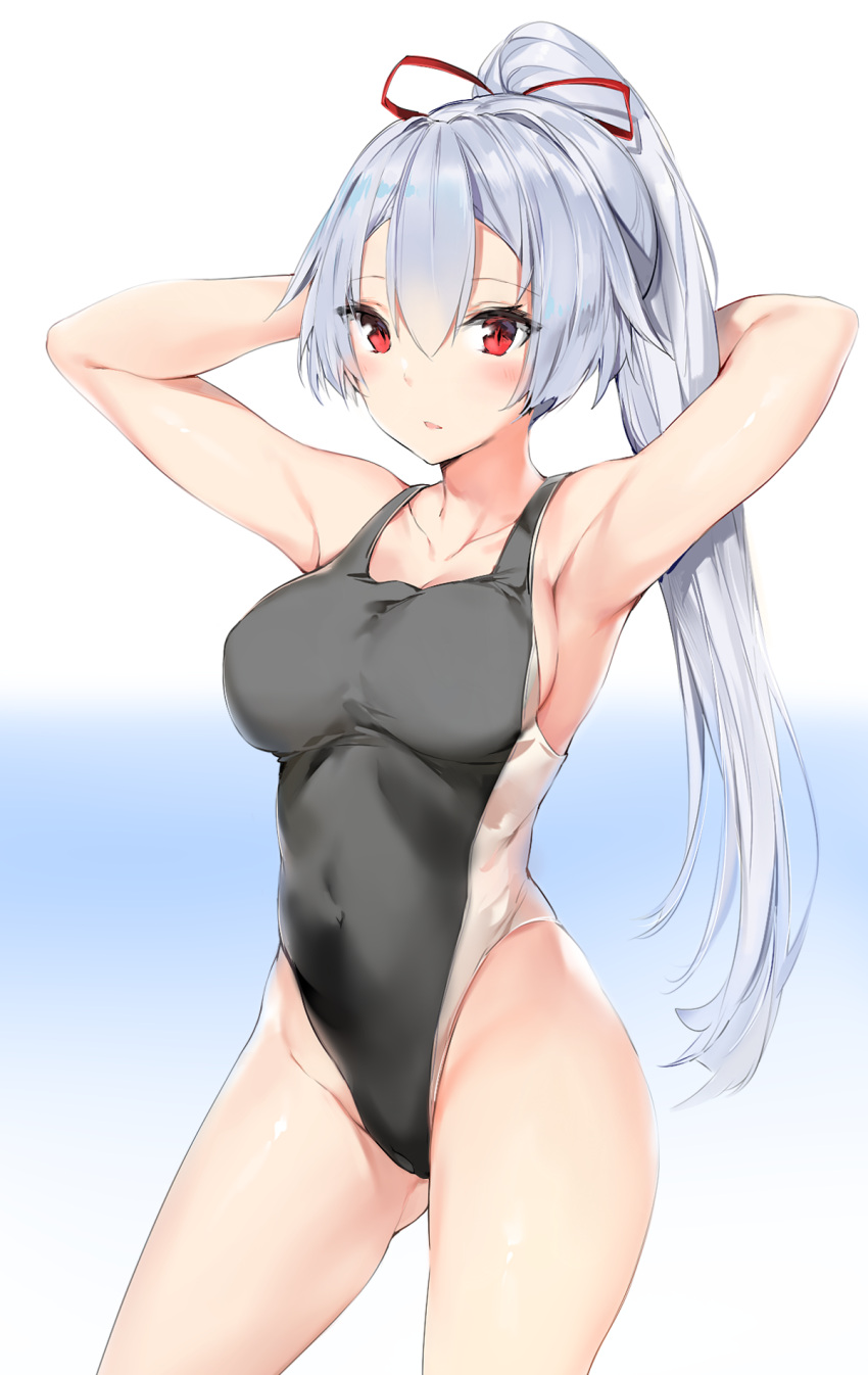 1girl armpits arms_up bangs black_swimsuit blush breasts collarbone competition_swimsuit contrapposto covered_navel cowboy_shot eyebrows_visible_through_hair fate/grand_order fate_(series) gradient gradient_background hair_between_eyes hair_ribbon highres hips legs_apart long_hair medium_breasts one-piece_swimsuit parted_lips ponytail red_eyes red_ribbon ribbon shiny shiny_hair sidelocks silver_(chenwen) silver_hair solo swimsuit thighs tomoe_gozen_(fate/grand_order) tsurime very_long_hair