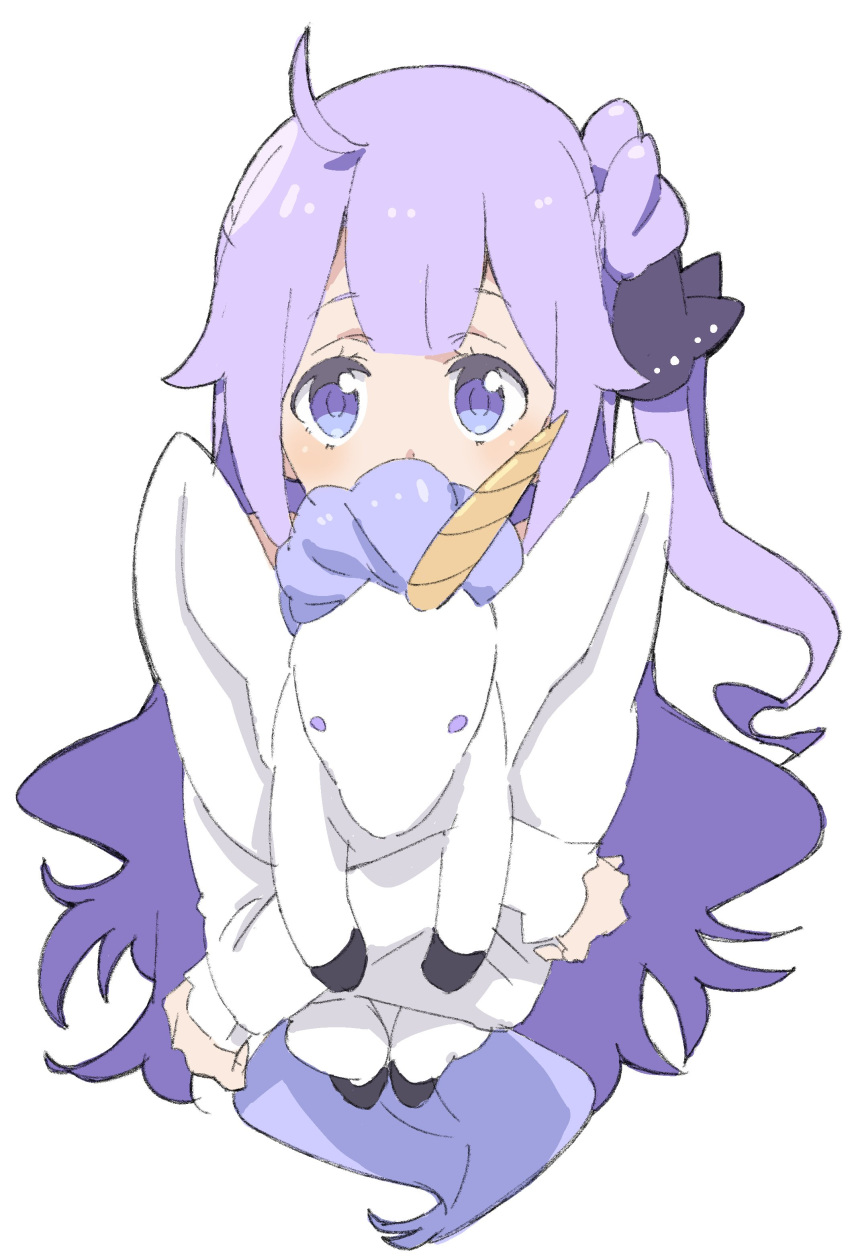 1girl absurdres ahoge azur_lane bangs covered_mouth cropped_torso donguri_suzume dress highres long_hair long_sleeves looking_at_viewer one_side_up purple_hair simple_background solo stuffed_animal stuffed_toy stuffed_unicorn unicorn unicorn_(azur_lane) very_long_hair violet_eyes white_background