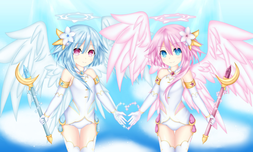 2girls absurdres bare_shoulders blue_eyes blue_hair clouds cloudy_sky cosplay elbow_gloves feathered_wings flower four_goddesses_online:_cyber_dimension_neptune gloves hair_flower hair_ornament halo heart highres holding holding_staff jewelry long_hair looking_at_viewer multiple_girls neptune_(series) pink_hair power_symbol ram_(choujigen_game_neptune) red_eyes rhapsofree rom_(choujigen_game_neptune) siblings sisters sky smile staff symbol-shaped_pupils twins white_gloves white_heart white_heart_(cosplay) white_legwear white_sister_ram white_sister_rom wings