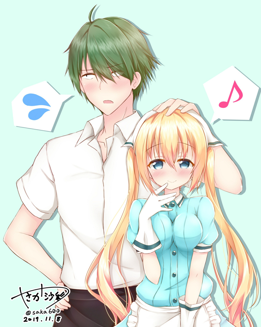 1boy 1girl 2017 akizuki_kouyou apron blend_s blonde_hair blue_background blue_eyes blush breast_squeeze breasts closed_mouth collared_shirt constricted_pupils d: dated eyebrows_visible_through_hair gloves green_hair hair_between_eyes hand_on_another's_head hand_on_hip head_scarf highres hinata_kaho long_hair looking_at_viewer looking_away medium_breasts musical_note number open_mouth puffy_short_sleeves puffy_sleeves quaver shirt short_hair short_sleeves signature silhouette smile spoken_flying_sweatdrops spoken_musical_note standing twintails twitter_username very_long_hair waist_apron waitress white_apron white_gloves white_shirt wing_collar yasaka_(astray_l)