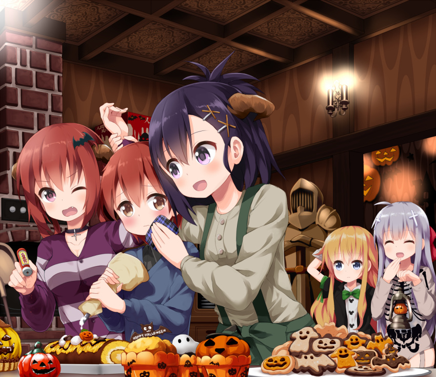 1boy 4girls bat_hair_ornament black_hair blonde_hair blue_eyes brown_eyes choker closed_eyes cross_hair_ornament food gabriel_dropout hair_ornament halloween happy_halloween highres horns indoors kurumizawa_satanichia_mcdowell long_hair multiple_girls one_eye_closed red_eyes redhead ruu_(tksymkw) shiraha_raphiel_ainsworth short_hair silver_hair tenma_gabriel_white tsukinose_vignette_april violet_eyes