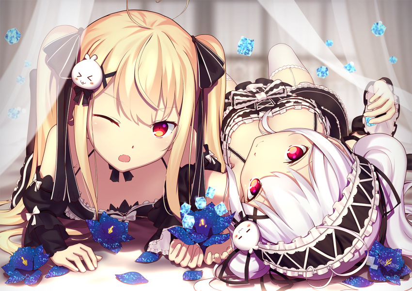 2girls ;o artist_name bangs black_bow black_dress blonde_hair blush bow breasts closed_mouth crystal cube curtains detached_sleeves dress frills garter_straps gothic_lolita hair_bow hair_ornament headdress lolita_fashion long_hair looking_at_viewer lying magicians_(zhkahogigzkh) multiple_girls on_back on_stomach one_eye_closed open_mouth original red_eyes sidelocks silver_hair small_breasts smile thigh-highs tokisaki_asaba tokisaki_mio twintails violet_eyes white_hair white_legwear wide_sleeves window x_hair_ornament