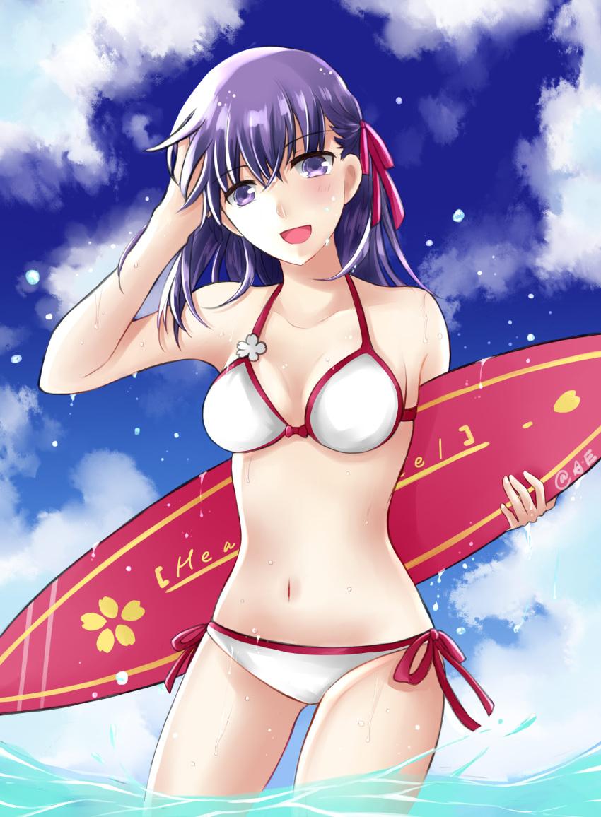 1girl :d absurdres bikini blue_sky breasts cleavage clouds cloudy_sky collarbone day eyebrows_visible_through_hair fate/stay_night fate_(series) hair_between_eyes hair_ribbon hand_in_hair highres holding long_hair matou_sakura navel nmh5evbpsiol1pa open_mouth outdoors purple_hair red_ribbon ribbon side-tie_bikini sideboob sky smile solo standing swimsuit violet_eyes wading water white_bikini