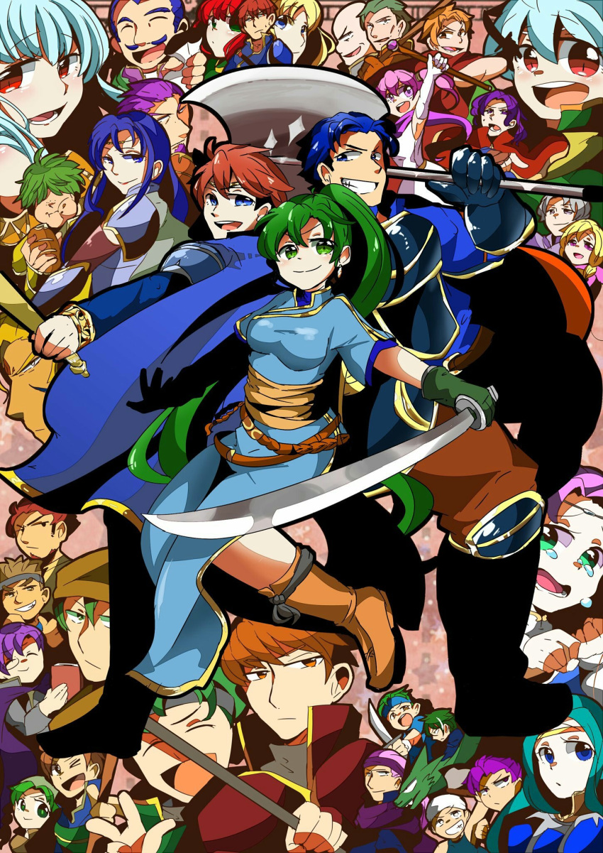 armor axe bandanna blonde_hair blue_eyes blue_hair brown_hair cape closed_eyes dark_skin dress earrings elbow_gloves eliwood_(fire_emblem) erk_(fire_emblem) fingerless_gloves fiora fire_emblem fire_emblem:_rekka_no_ken florina gloves green_eyes green_hair hair_over_one_eye hawkeye_(fire_emblem) headband hector_(fire_emblem) highres isadora jaffar_(fire_emblem) jewelry kent_(fire_emblem) long_hair looking_at_viewer louise lucius lyndis_(fire_emblem) male_focus mamkute matthew multiple_boys multiple_girls necklace nergal_(fire_emblem) nils ninian nino_(fire_emblem) open_mouth orange_hair pegasus_knight ponytail priscilla_(fire_emblem) purple_hair rath raven_(fire_emblem) rebecca_(fire_emblem) red_eyes redhead sain serra short_hair simple_background smile sonia_(fire_emblem) sword tattoo ursula_(fire_emblem) weapon wil_(fire_emblem)