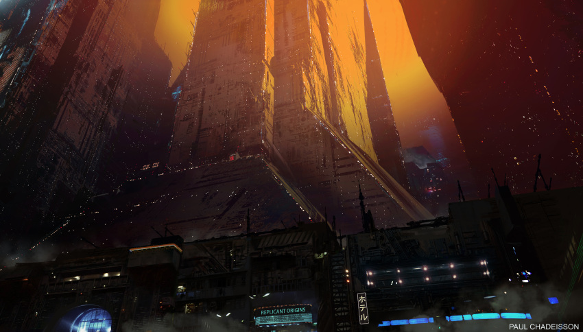 absurdres billboard blade_runner blade_runner:_black_out_2022 blade_runner_2049 building cityscape commentary cyberpunk dusk epic highres landscape lights official_art official_style paooo production_art promotional_art realistic science_fiction signature