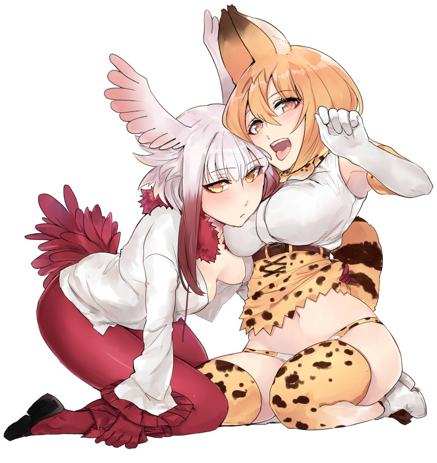2girls absurdres animal_ears arm_around_waist belt blonde_hair blush bow bowtie breasts elbow_gloves eyebrows_visible_through_hair eyes_visible_through_hair frilled_sleeves frills fur_collar gloves hair_between_eyes hand_on_another's_hip head_wings heart heart-shaped_pupils high-waist_skirt highres japanese_crested_ibis_(kemono_friends) kemono_friends large_breasts long_hair long_sleeves looking_at_viewer multicolored multicolored_clothes multicolored_gloves multicolored_hair multiple_girls navel open_mouth panties pantyhose print_legwear print_neckwear print_panties print_skirt red_gloves red_legwear red_skirt redhead seiza serval_(kemono_friends) serval_ears serval_print serval_tail side-tie_panties simple_background sitting skirt skirt_lift skirt_pull sleeveless symbol-shaped_pupils tail tail_feathers teeth thigh-highs tongue tongue_out underwear white_background white_gloves white_hair yellow_eyes yellow_gloves yellow_neckwear yellow_skirt yorei_(death0813)