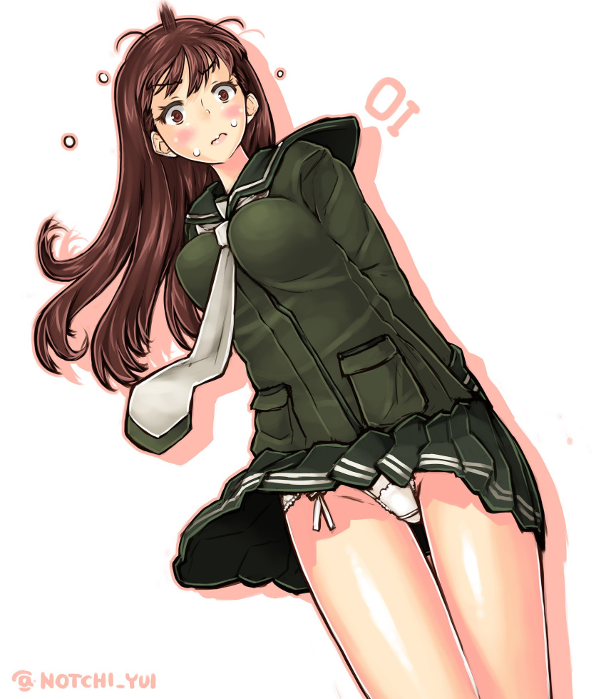1girl absurdres blush breasts brown_eyes brown_hair character_name cowboy_shot from_below green_skirt highres kantai_collection long_hair looking_at_viewer medium_breasts neckerchief notchi ooi_(kantai_collection) panties pantyshot pantyshot_(standing) pleated_skirt school_uniform serafuku simple_background skirt solo standing twitter_username underwear wavy_mouth white_background white_neckwear white_panties