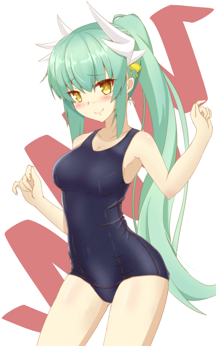 1girl blue_swimsuit blush breasts cleavage collarbone cowboy_shot eyebrows_visible_through_hair fate/grand_order fate_(series) floating_hair green_hair hair_between_eyes hair_ornament high_ponytail highres horns kiyohime_(fate/grand_order) kiyohime_(swimsuit_lancer)_(fate) long_hair one_eye_closed ouka753 school_swimsuit shiny shiny_skin simple_background smile solo swimsuit very_long_hair yellow_eyes