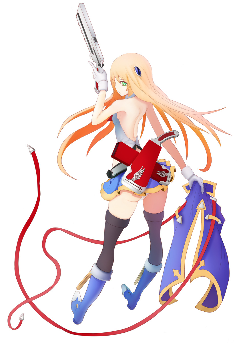 1girl blazblue blazblue:_chronophantasma blonde_hair from_behind gloves green_eyes hair_between_eyes hair_ornament highres jacket long_hair noel_vermillion simple_background solo white_background