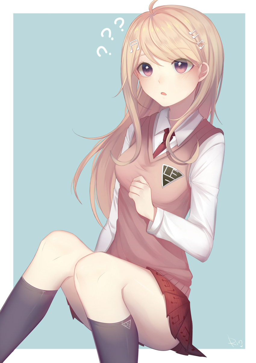 1girl ? ahoge akamatsu_kaede black_legwear blonde_hair brown_eyes brown_sweater dangan_ronpa egg_(rxlal) eyebrows_visible_through_hair highres kneehighs long_hair miniskirt musical_note musical_note_hair_ornament musical_note_print necktie new_dangan_ronpa_v3 open_mouth pleated_skirt red_neckwear red_skirt shirt signature sitting skirt solo staff_(music) sweater_vest white_shirt