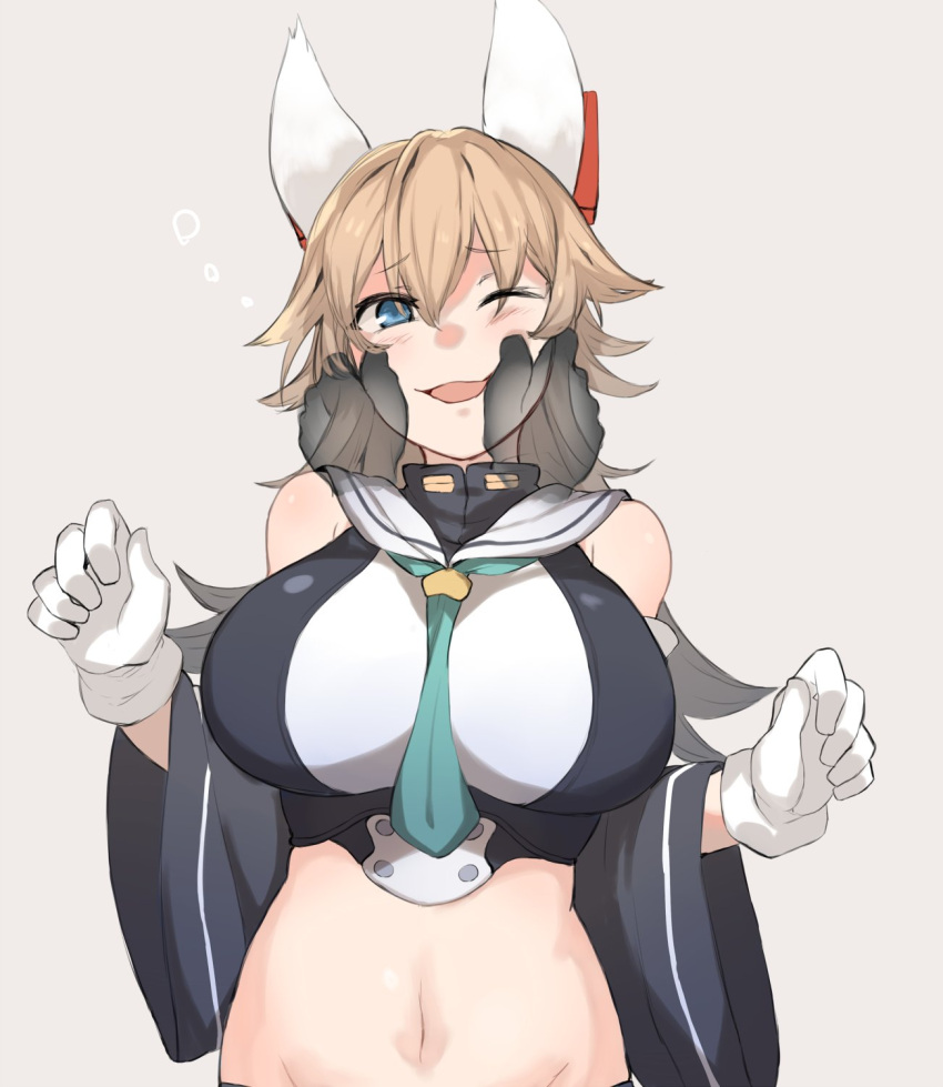 1girl animal_ears artist_request azur_lane between_breasts blue_eyes blush breasts closed_eye commentary_request crop_top detached_sleeves eyebrows eyebrows_visible_through_hair furutaka_(azur_lane) gloves hands_on_another's_face headgear highres large_breasts light_brown_hair long_hair navel necktie necktie_between_breasts sailor_collar smile turtleneck white_gloves