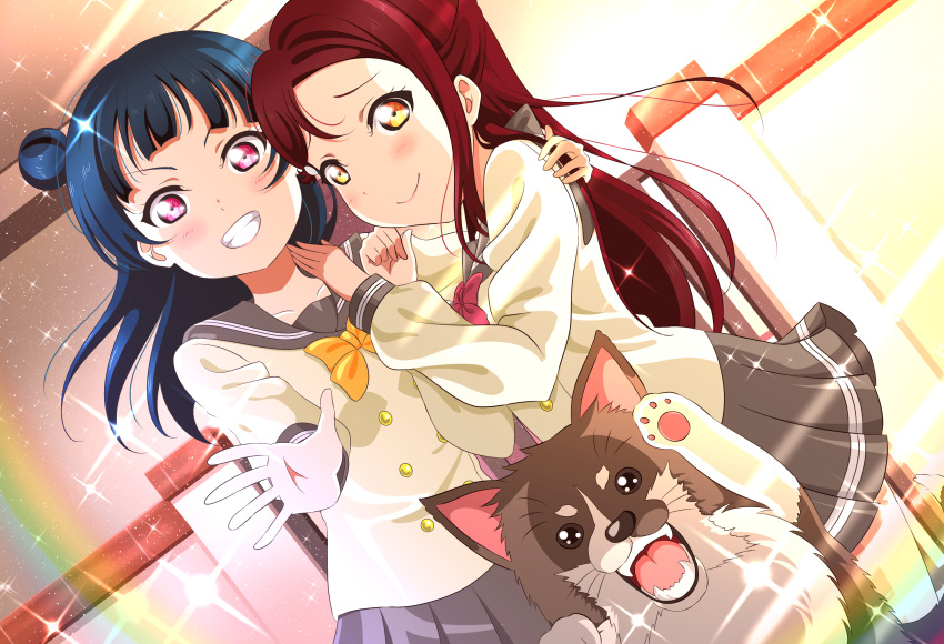 2girls absurdres anko_(love_live!_sunshine!!) arm_around_shoulder bangs blue_hair blush bow bowtie clenched_hand commentary_request dog double-breasted dutch_angle grin hair_ornament hairclip half_updo hand_on_another's_shoulder highres isami_don long_hair long_sleeves looking_at_viewer love_live! love_live!_sunshine!! miniskirt multiple_girls outstretched_hand paw_up pleated_skirt rainbow red_neckwear redhead sakurauchi_riko school_uniform serafuku side_bun skirt smile sparkle tsushima_yoshiko violet_eyes yellow_eyes yellow_neckwear