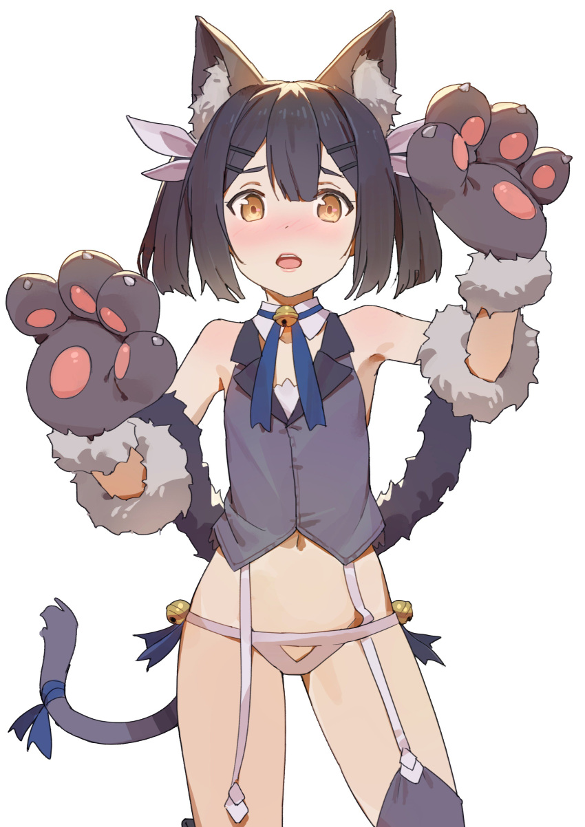 1girl absurdres animal_ears arms_up bare_shoulders bell black_hair blush brown_eyes cat_ears cat_tail cirnocchi collaboration contrapposto coupon_(skyth) cowboy_shot detached_collar fate/kaleid_liner_prisma_illya fate_(series) garter_straps gloves grey_legwear hair_ribbon highres jingle_bell kemonomimi_mode midriff miyu_edelfelt navel open_mouth panties paw_gloves paws ribbon short_twintails sidelocks simple_background solo tail tail_ribbon thigh-highs tim_loechner twintails underwear vest white_background