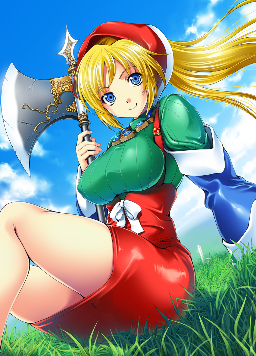 1girl arm_at_side arm_support axe bangs bare_legs blonde_hair blue_eyes blue_sky broken broken_sword broken_weapon closed_mouth clouds cloudy_sky day detached_sleeves eyebrows_visible_through_hair floating_hair grass green_sweater headdress high-waist_skirt highres holding holding_axe holding_weapon jewelry knees_up long_hair long_sleeves looking_at_viewer meythia miniskirt necklace outdoors planted_sword planted_weapon reclining red_skirt ribbed_sweater ribbon saga saga_frontier_2 sidelocks sitting skirt sky smile solo sweater sword turtleneck turtleneck_sweater weapon white_ribbon wind zankuro