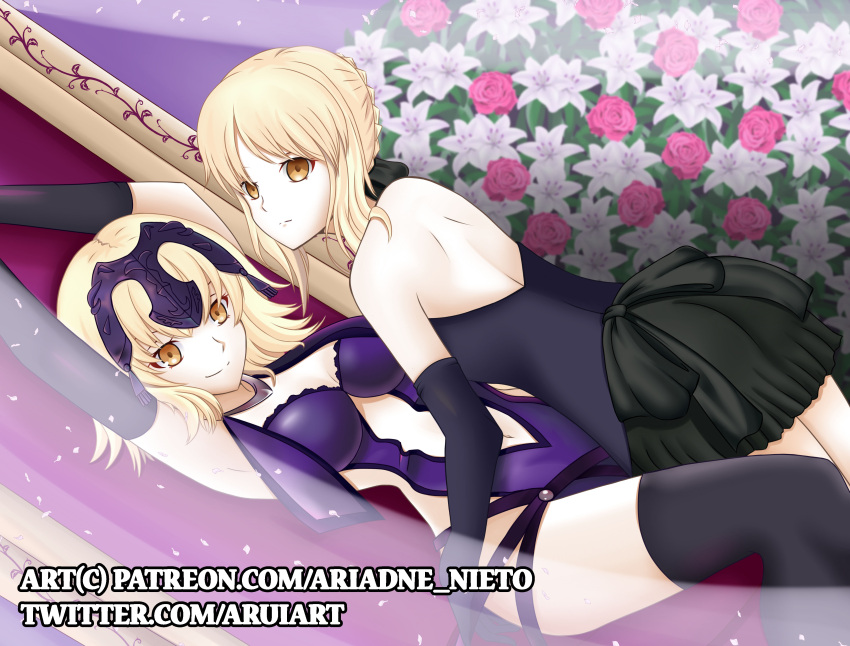 absurdres alter artoria_pendragon_(all) arui97 chair couple fate/grand_order fate/stay_night fate_(series) flower high_resolution highres hug jeanne_d'arc_(alter) jeanne_d'arc_(fate) lily_(flower) rose_(flower) saber saber_(alter) sitting sitting_on_chair throne very_high_resolution yuri