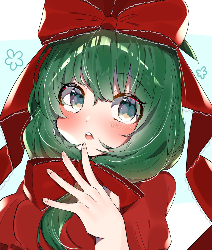 1girl :&lt; bangs blush bow commentary dress eyebrows_visible_through_hair frilled_ribbon frills front_ponytail green_eyes green_hair hair_bow hair_ribbon highres kagiyama_hina medium_hair nagai_riku one-hour_drawing_challenge open_mouth puffy_short_sleeves puffy_sleeves red_dress red_ribbon ribbon short_sleeves solo teeth touhou upper_teeth