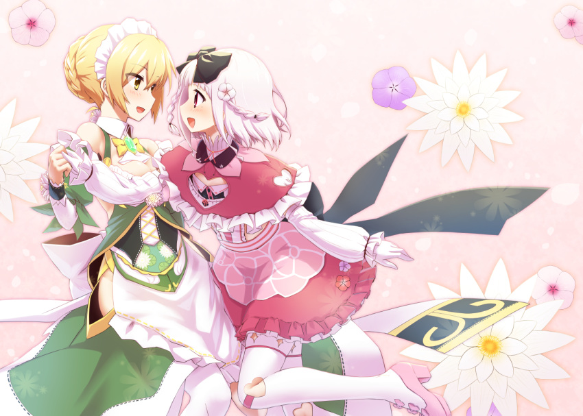 2girls black_bow blonde_hair boots bow bowtie braid breasts brooch cleavage eye_contact flower flower_knight_girl frilled_hairband frills gem gloves green_skirt hair_bow hair_flower hair_ornament hairband hand_holding jewelry looking_at_another mizunashi_(second_run) multiple_girls nichinichisou_(flower_knight_girl) pantyhose pink_skirt profile red_eyes shawl short_hair skirt smile suiren_(flower_knight_girl) thigh-highs thigh_boots white_footwear white_gloves white_hair white_hairband white_legwear yellow_bow yellow_eyes