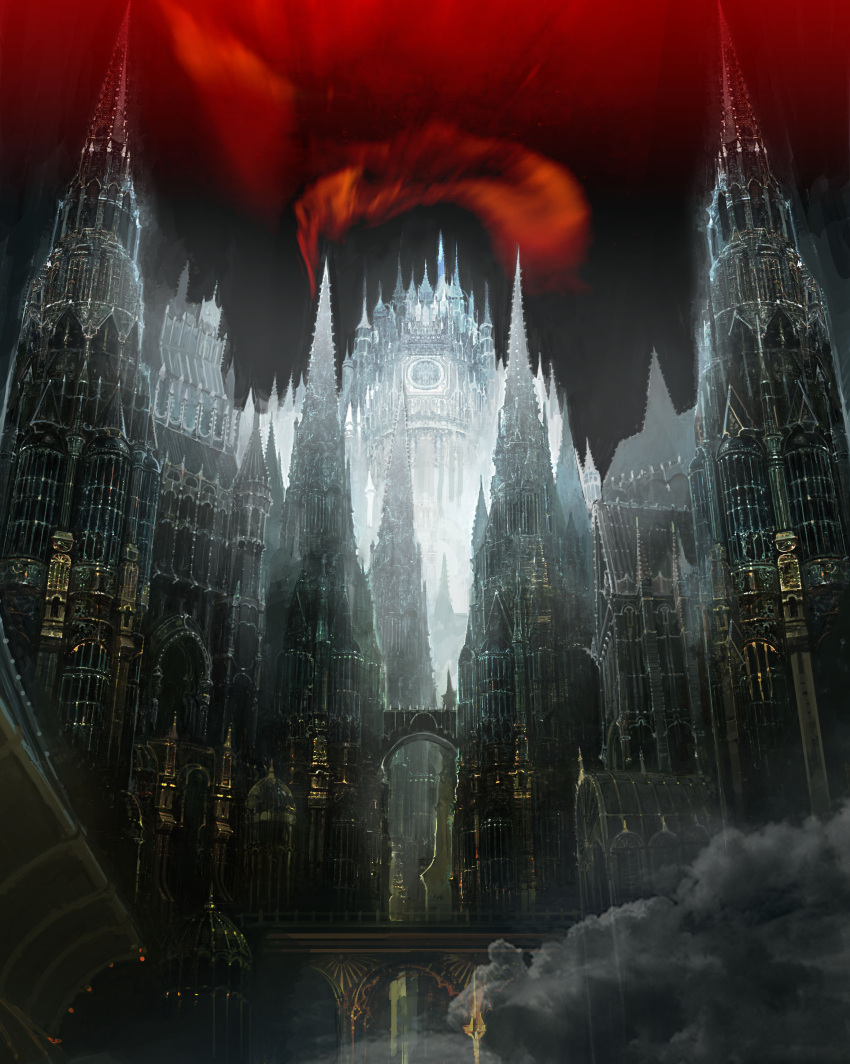 absurdres akaiie architecture gothic_architecture graphite_(medium) highres night original red_sky scenery sky traditional_media