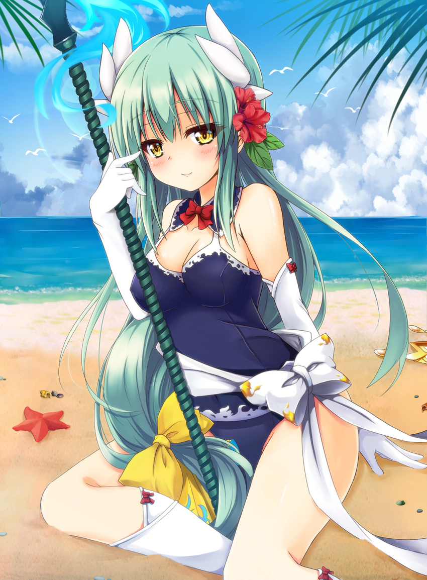 1girl arm_support beach bird blue_swimsuit blush bow breasts choker cleavage clouds cloudy_sky elbow_gloves eyebrows_visible_through_hair fate/grand_order fate_(series) floating_hair flower gloves green_hair guhua67 hair_between_eyes hair_bow hair_flower hair_ornament hibiscus highres kiyohime_(fate/grand_order) kiyohime_(swimsuit_lancer)_(fate) long_hair looking_at_viewer medium_breasts ocean one-piece_swimsuit outdoors red_bow red_flower sideboob sitting sky smile solo swimsuit very_long_hair white_gloves white_legwear yellow_bow yellow_eyes