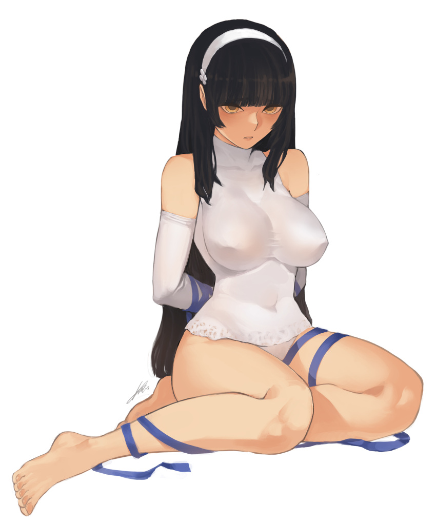 1girl absurdres bangs bare_legs barefoot black_hair blue_ribbon blunt_bangs breasts brown_eyes collarbone elbow_gloves erect_nipples full_body girls_frontline gloves hairband highres large_breasts long_hair navel parted_lips qbz-95_(girls_frontline) ribbon sidelocks simple_background solo sungwon turtleneck white_background white_gloves