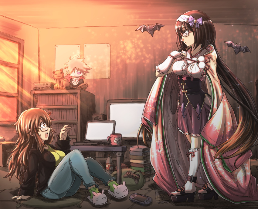 2girls animal_slippers are_you_my_master bat book book_stack bottle bunny_slippers cat computer controller cup fate/extra fate/extra_ccc fate/grand_order fate_(series) glasses handheld_game_console highres hikikomori jinako_carigiri karna_(fate) laptop messy_hair mug multiple_girls origami osakabe-hime_(fate/grand_order) playstation_portable poster_(object) stuffed_toy television trait_connection zatou_(kirsakizato)