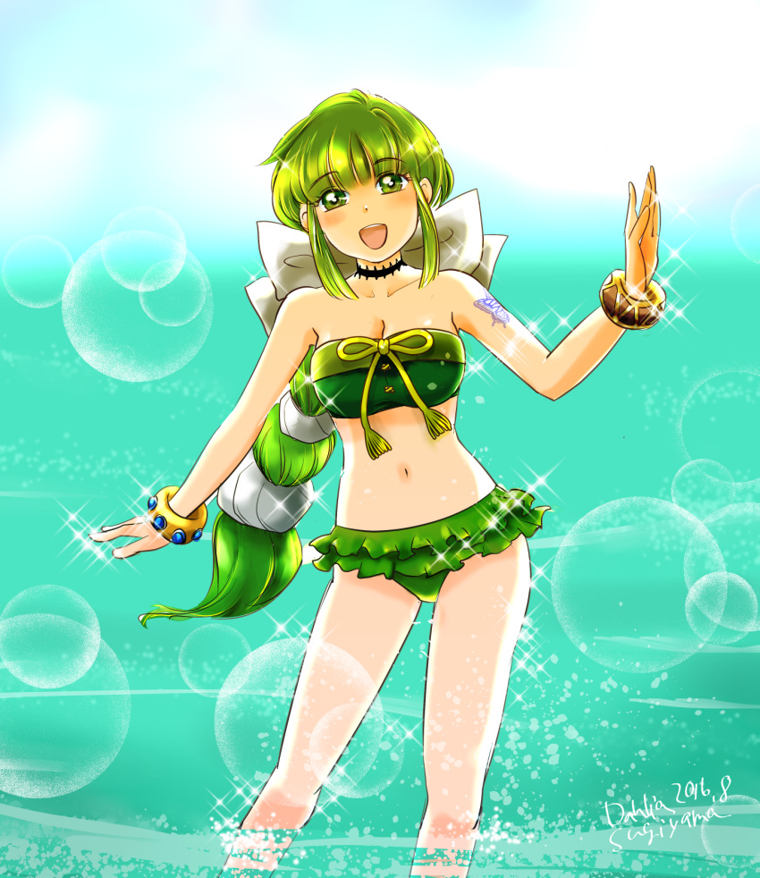 1girl bare_shoulders belt braid breasts green_eyes green_hair highres long_hair looking_at_viewer multi-tied_hair ponytail ribbon saga saga_frontier_2 smile solo swimsuit virginia_knights