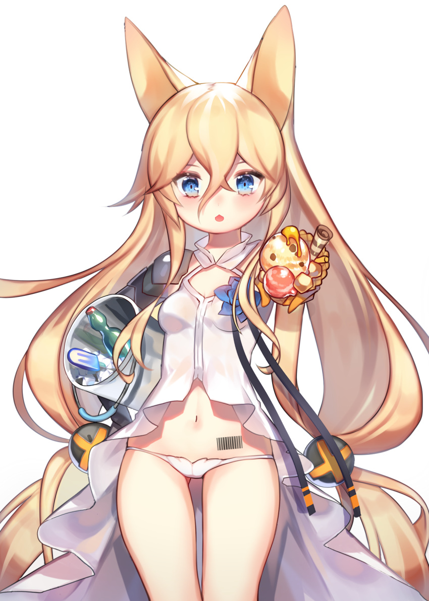 1girl animal_ears bangs barcode_tattoo blonde_hair blue_eyes blush breasts bucket commentary dress food fox_ears g41_(girls_frontline) gamathx girls_frontline gloves hair_between_eyes hair_ornament highres holding holding_food ice ice_bucket ice_cream long_hair looking_at_viewer low_twintails navel orange_gloves outstretched_arm panties parted_lips popsicle ramune reaching simple_background small_breasts solo tattoo twintails underwear very_long_hair wafer_stick white_background white_dress white_panties