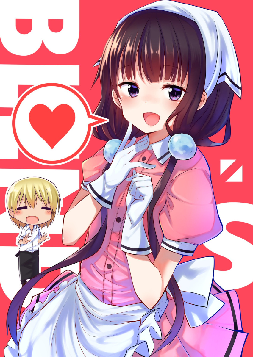 1boy 1girl :d apron bangs black_apron blend_s blonde_hair blunt_bangs blush chibi closed_eyes collared_shirt commentary_request copyright_name dino_(blend_s) dress_shirt eyebrows_visible_through_hair frilled_apron frills gloves hair_ornament head_scarf heart highres keshiks_(keshiksext) long_hair looking_at_viewer low_twintails open_mouth pink_shirt pink_skirt pleated_skirt puffy_short_sleeves puffy_sleeves purple_hair red_background sakuranomiya_maika shirt short_sleeves skirt smile spoken_heart standing twintails uniform very_long_hair violet_eyes waist_apron waitress white_apron white_gloves white_shirt