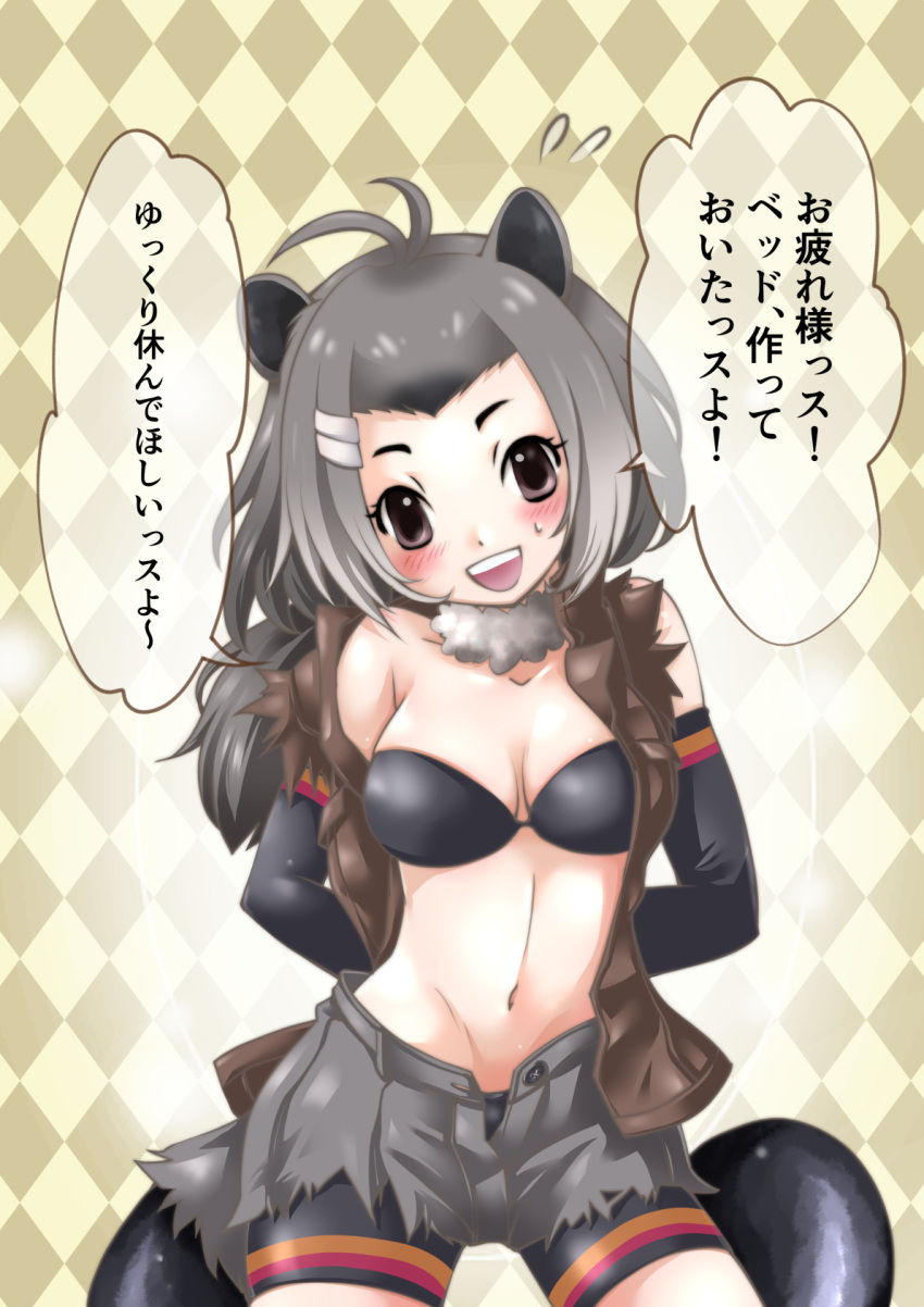 1girl :d american_beaver_(kemono_friends) animal_ears antenna_hair arms_behind_back bare_shoulders beaver_ears beaver_tail bike_shorts bike_shorts_under_shorts black_bra blush bra breast_pocket breasts brown_eyes buttons chiki_yuuko collarbone elbow_gloves flying_sweatdrops fur_collar gloves grey_hair hair_ornament head_tilt highres kemono_friends looking_at_viewer medium_breasts navel no_shirt off_shoulder open_clothes open_fly open_mouth open_vest pocket short_hair shorts smile solo standing stomach tail translation_request unbuttoned underwear upper_body vest