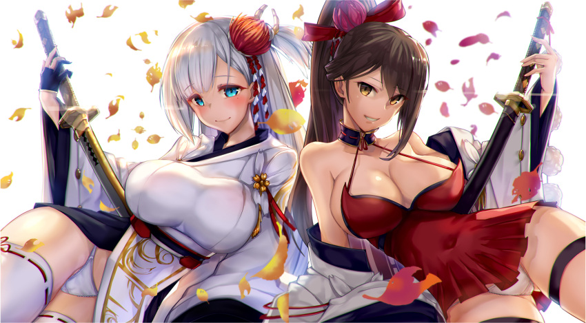 2girls arm_support azur_lane bangs bare_shoulders blue_eyes blurry blush breasts brown_hair cleavage closed_mouth collarbone covered_navel depth_of_field dress eyebrows_visible_through_hair falling_leaves flower gluteal_fold grin hair_flower hair_ornament hair_ribbon highres japanese_clothes katana kimono large_breasts leaf long_hair long_sleeves looking_at_viewer multiple_girls off_shoulder open_clothes panties parted_lips ponytail red_dress red_ribbon ribbon ribbon_trim satou_daiji sheath sheathed short_dress short_hair shoukaku_(azur_lane) simple_background smile sword teeth thigh-highs thigh_strap underwear upskirt very_long_hair weapon white_background white_hair white_kimono white_legwear white_panties yellow_eyes zuikaku_(azur_lane)