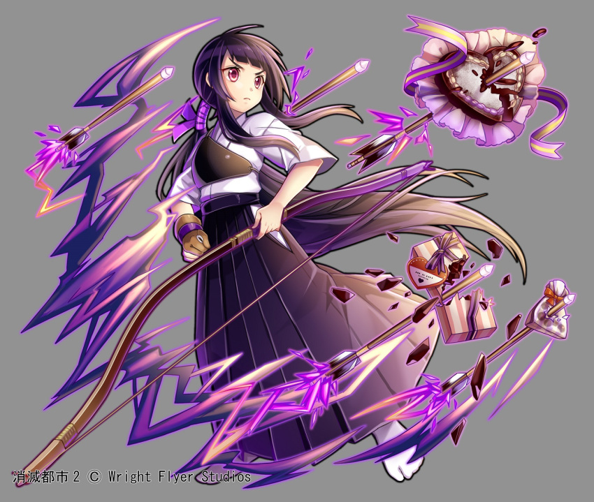 archery arrow_through_heart black_hair black_skirt bow_(weapon) breaking brown_gloves chocolate gift gloves grey_background hakama highres japanese_clothes long_hair looking_to_the_side muneate nou official_art ponytail shoumetsu_toshi_2 sidelocks skirt standing very_long_hair violet_eyes weapon