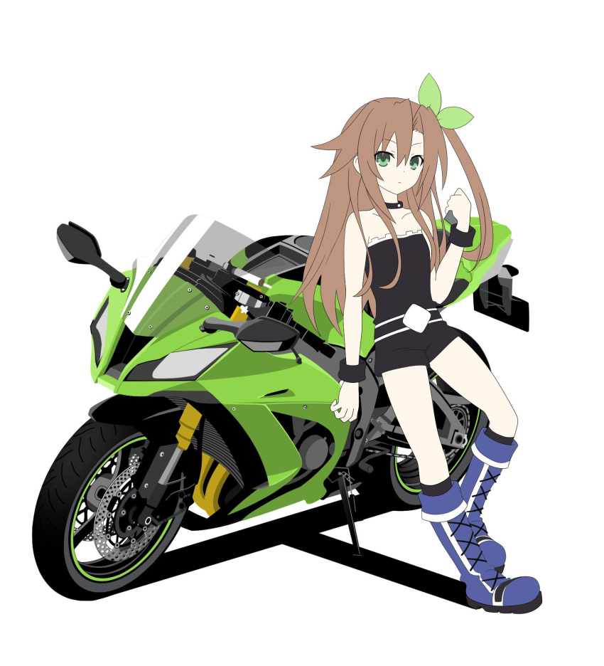 1girl bow brown_hair green_eyes ground_vehicle hair_bow highres if_(choujigen_game_neptune) jewelry motor_vehicle motorcycle necklace neptune_(series) solo zero_(ray_0805)