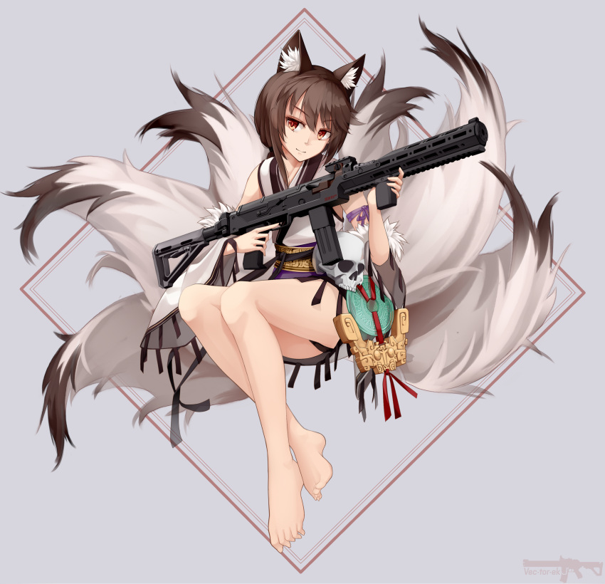 1girl absurdres animal_ears bangs bare_legs barefoot blue_fire brown_eyes brown_hair closed_mouth detached_sleeves fire fox_ears fox_tail full_body girls_frontline gun highres holding holding_gun holding_weapon japanese_clothes kimono kitsune legs_together light_smile magpul multiple_tails obi sash short_kimono sidelocks skull sleeveless sleeveless_kimono smile solo submachine_gun tail tsurime type_79_(girls_frontline) type_79_smg vectorek vertical_foregrip weapon white_kimono wolf_ears wolf_tail