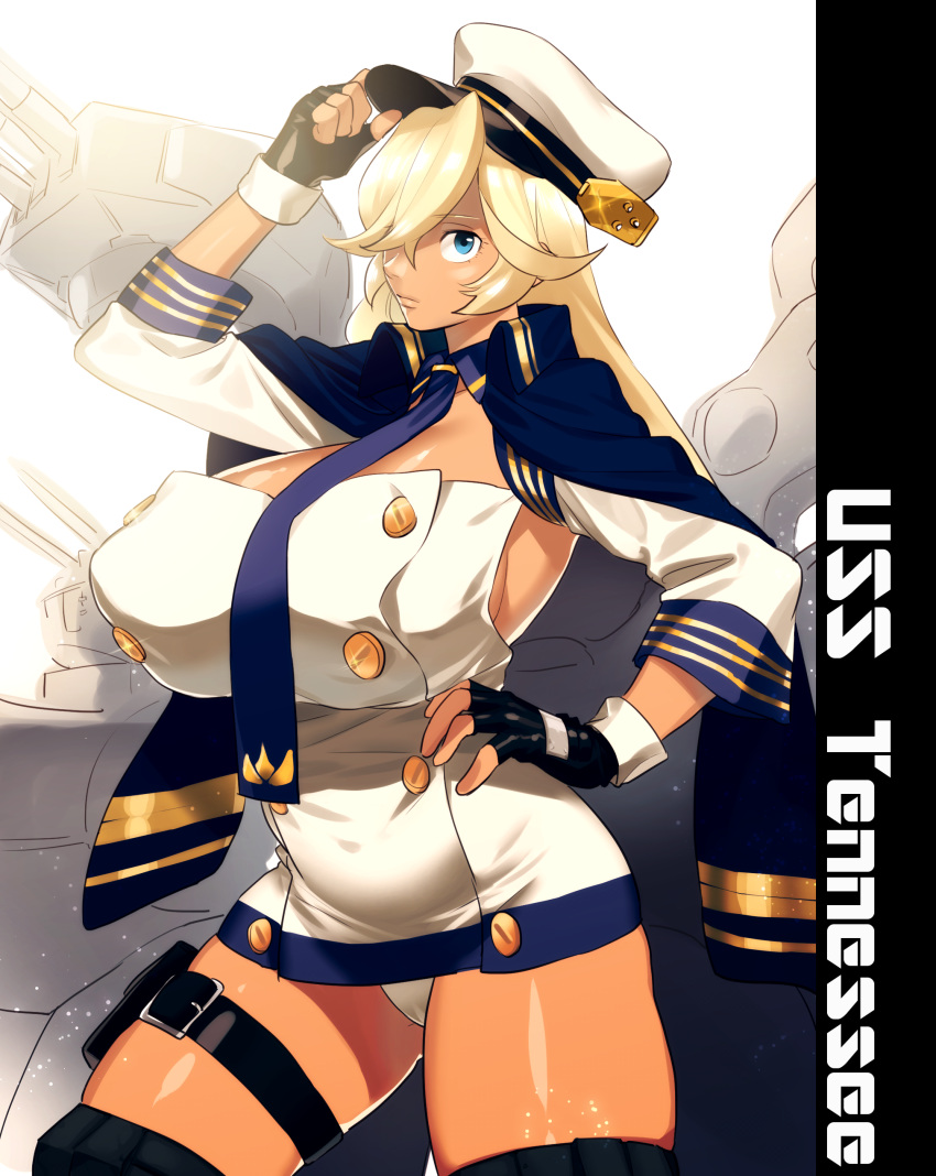 1girl absurdres azur_lane bangs belt belt_buckle black_belt black_gloves black_legwear blonde_hair blue_eyes blue_neckwear breasts buckle buttons cape character_name cleavage closed_mouth contrapposto dark_skin detached_collar dress erect_nipples eyebrows eyebrows_visible_through_hair eyelashes facing_away fingerless_gloves gloves hair_over_one_eye hand_on_headwear hand_on_hip hat highres huge_breasts legs_apart light_particles lips long_hair looking_away looking_up machinery microdress necktie nose panties pantyshot pantyshot_(standing) peaked_cap shiny shiny_skin short_dress solo sparkle standing taut_clothes taut_dress tennessee_(azur_lane) text thigh-highs thigh_strap turret underwear wajima white_dress white_hat white_panties