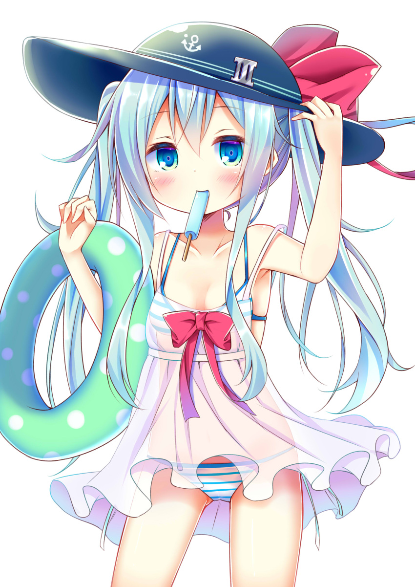 1girl absurdres adjusting_clothes adjusting_hat alternate_costume alternate_hairstyle aqua_hair armpits bikini blue_eyes carrying collarbone commentary_request dress esureki flat_chest food hat hibiki_(kantai_collection) highres innertube kantai_collection long_hair looking_at_viewer mouth_hold popsicle see-through see-through_silhouette side-tie_bikini solo striped striped_bikini sun_hat swimsuit twintails white_dress