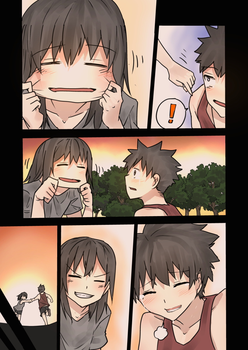 ! 1boy 1girl =_= araido_kagiri blush comic grin highres laughing looking_at_another motion_lines original outdoors running shirt silent_comic smile spoken_exclamation_mark stretch sunset v-shaped_eyebrows