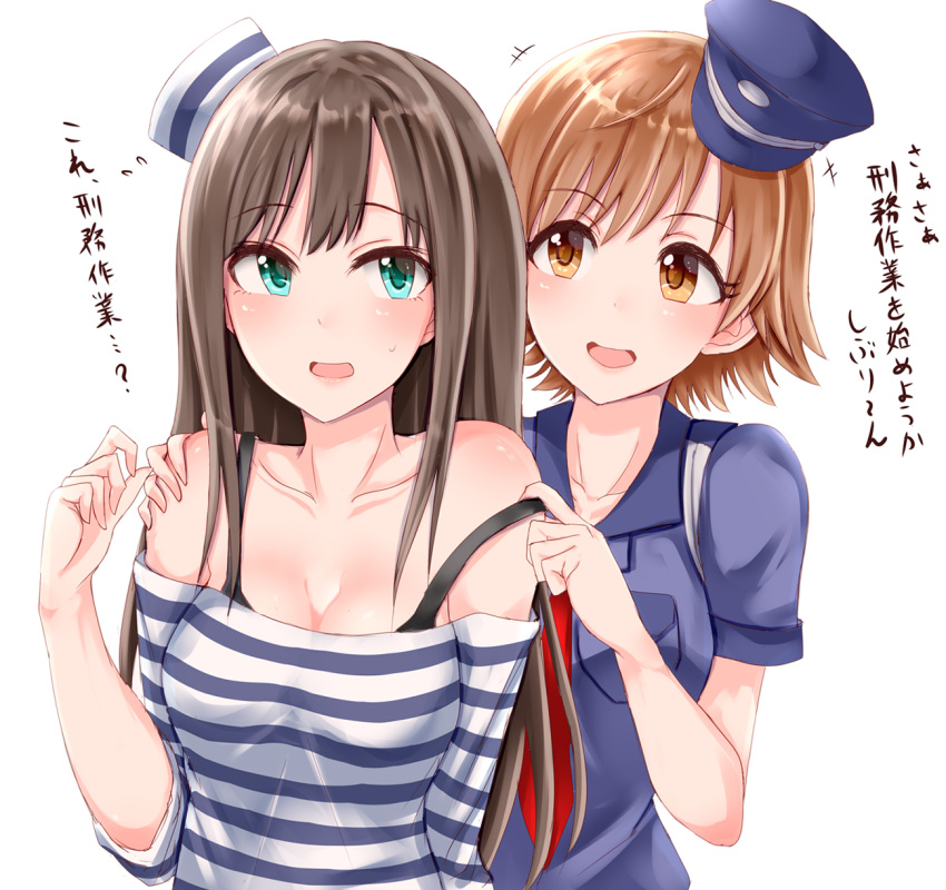 +++ 2girls :d assisted_exposure bangs bare_shoulders blue_hat blush bra_strap breast_pocket breasts brown_eyes brown_hair cleavage collarbone commentary_request eyebrows_visible_through_hair green_eyes hand_on_another's_shoulder hat highres honda_mio idolmaster idolmaster_cinderella_girls idolmaster_cinderella_girls_starlight_stage light_brown_hair long_hair long_sleeves medium_breasts multiple_girls necktie off-shoulder_shirt open_mouth pocket police police_hat police_uniform prison_clothes pulled_by_another red_neckwear shibuya_rin shirt shirushiru_(saitou888) short_hair short_sleeves simple_background sleeves_pushed_up smile strap_pull striped striped_shirt sweatdrop tareme translation_request uniform upper_body white_background yuri