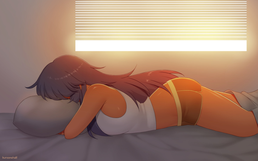 1girl artist_name bare_shoulders bed bed_sheet black_hair boyshorts covering_face dark_skin from_side kuroonehalf long_hair lying midriff on_bed on_stomach original pillow pillow_hug solo tank_top very_long_hair