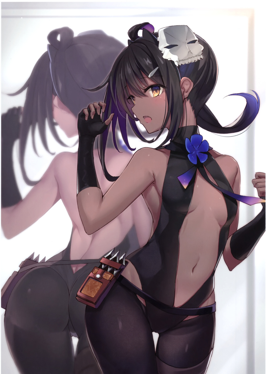 1girl absurdres alternate_skin_color ass backless_outfit black_gloves black_hair bodysuit breasts center_opening cosplay cowboy_shot fate/kaleid_liner_prisma_illya fate_(series) fingerless_gloves flower gloves hair_ornament hairclip halter_top halterneck hassan_of_serenity_(fate) hassan_of_serenity_(fate)_(cosplay) highres mask mask_on_head mirror miyu_edelfelt nanananana navel reflection scan side_ponytail sidelocks small_breasts solo sweatdrop thigh_gap yellow_eyes