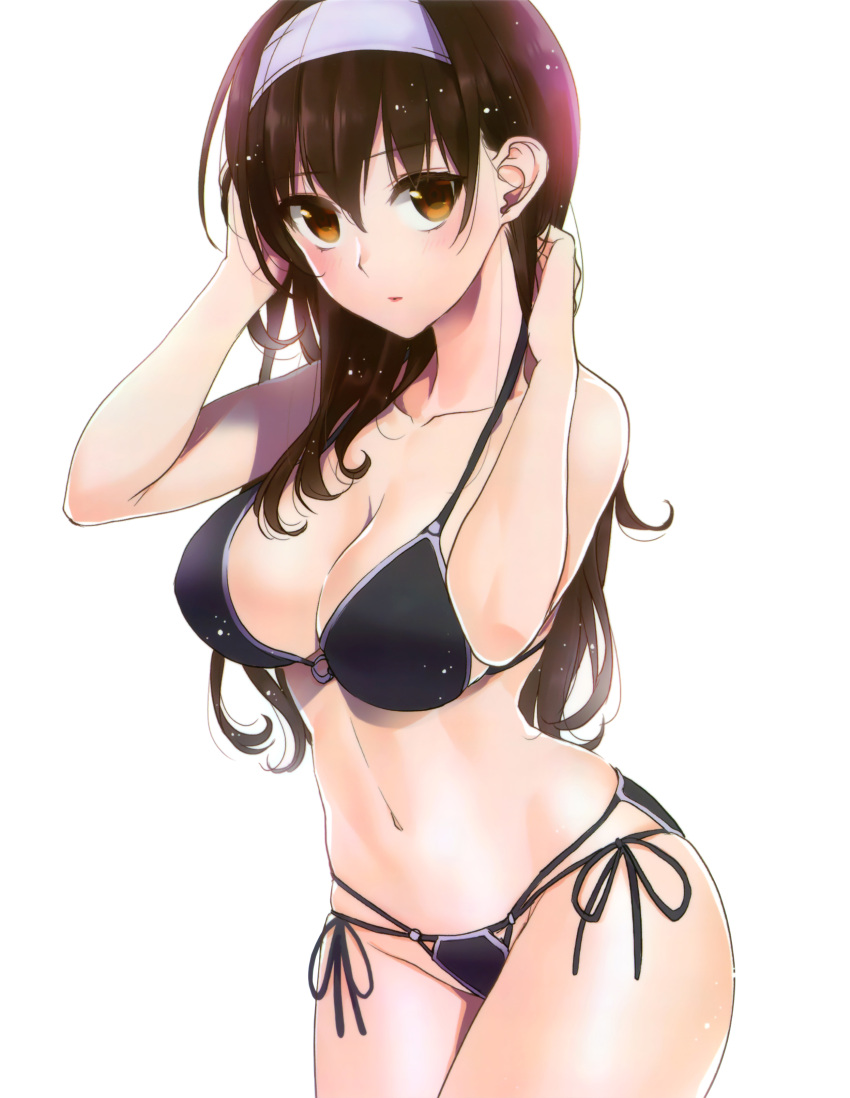 1girl absurdres bikini black_bikini breasts brown_eyes brown_hair cleavage collarbone cowboy_shot cropped detexted hair_over_shoulder hairband halterneck hand_in_hair highres kasumigaoka_utaha large_breasts lips long_hair multi-strapped_bikini musyasabu navel o-ring_bikini o-ring_top saenai_heroine_no_sodatekata scan side-tie_bikini simple_background solo string_bikini swimsuit white_background