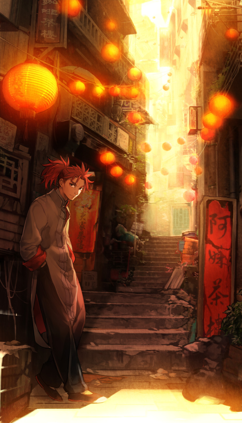 1boy assassin_(fate/extra) chinese_clothes cityscape fate/extra fate_(series) full_body hands_in_pocket highres lantern leaning_on_object looking_at_viewer pants paper_lantern ponytail redhead shoes solo tetsukuzu_tetsuko