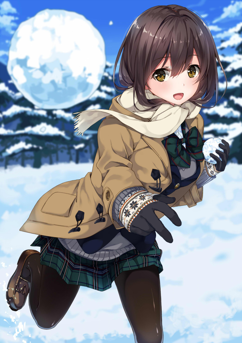 1girl :d bangs black_legwear blue_sky blurry blush bow bowtie breasts brown_coat brown_eyes brown_hair coat commentary_request day depth_of_field duffel_coat enpera eyebrows_visible_through_hair fringe green_bow green_neckwear green_skirt hair_between_eyes highres holding loafers long_hair looking_at_viewer medium_breasts mittens open_mouth original outdoors pantyhose plaid plaid_neckwear plaid_skirt pleated_skirt scarf school_uniform shoes skirt sky smile snow snowball solo standing standing_on_one_leg sweater throwing unasaka_ryou white_scarf winter